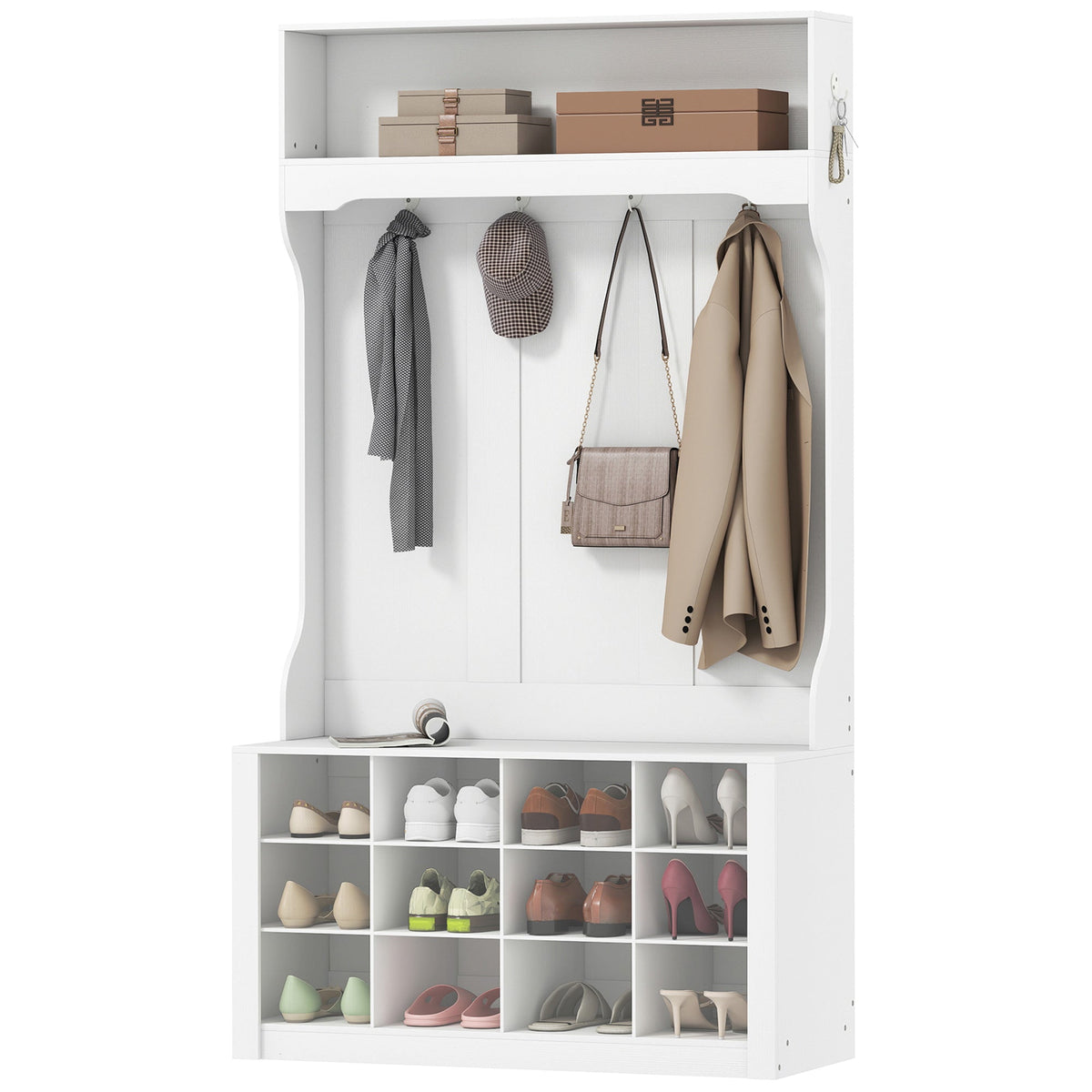 4-In-1 Hall Tree with Bench and Shoe Storage, Farmhouse Coat Rack Shoe Bench with 12 Shoe Cubbies, 6 Hooks, Dark Brown