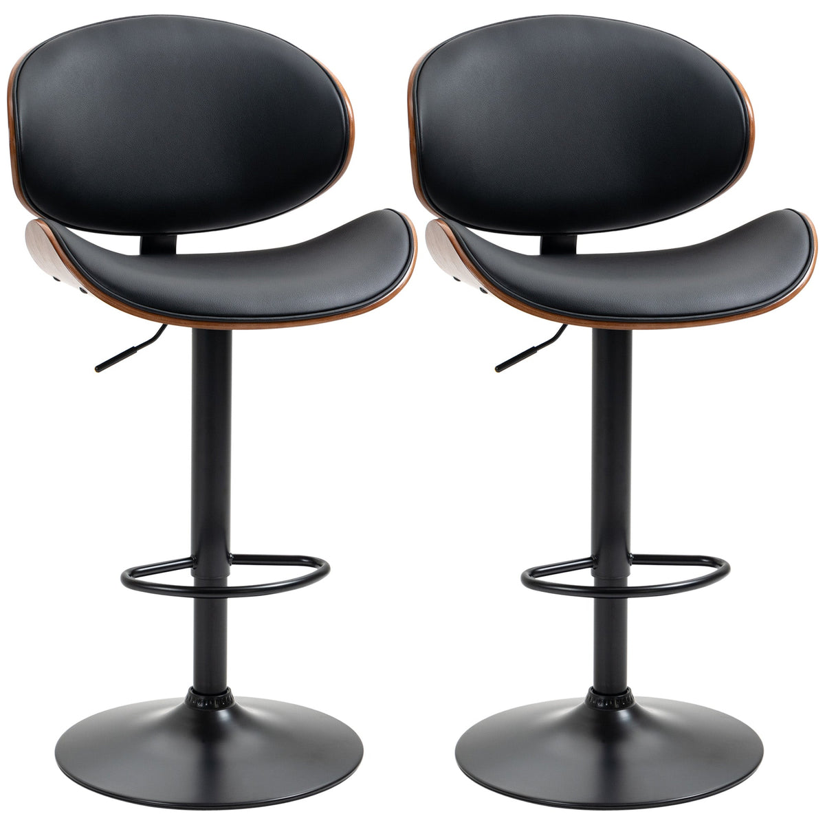 Bar Stools Set of 2, Modern PU Leather Adjustable Swivel Barstools with Curved Back, Footrest and Steel Base, Black