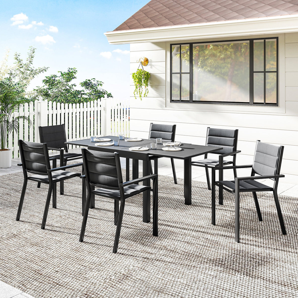Patio Dining Set for 6, Aluminum Expandable Outdoor Table and 6 Stackable Chairs with Padded Back, Mesh Seat, Black