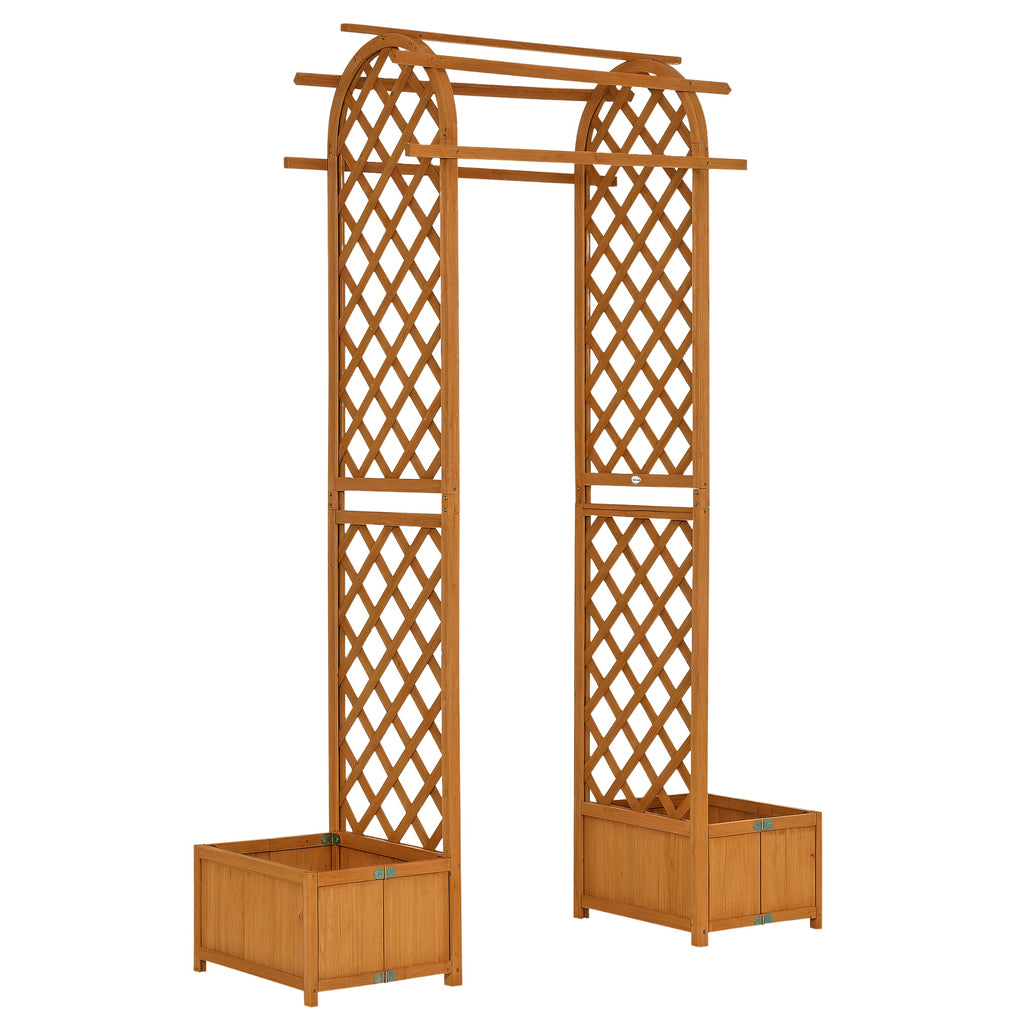 7.7FT Garden Arch with 2 Foldable Planter Boxes, Outdoor Wooden Trellis Arbor for Ceremony Party Weddings, Brown