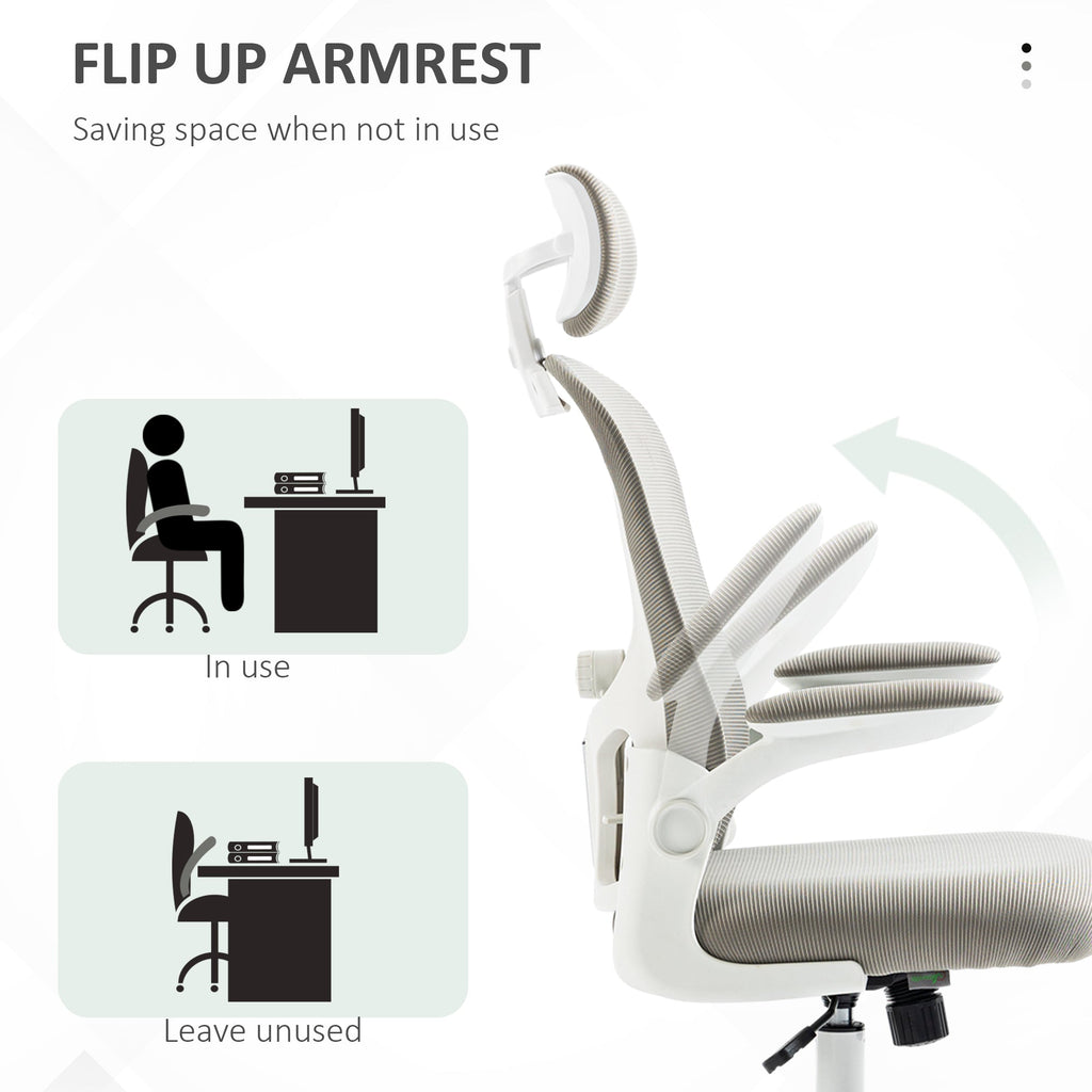 Office Chair, Mesh Computer Desk Chair with Adjustable Headrest, 4D Lumbar Support, Flip-up Arm, Grey