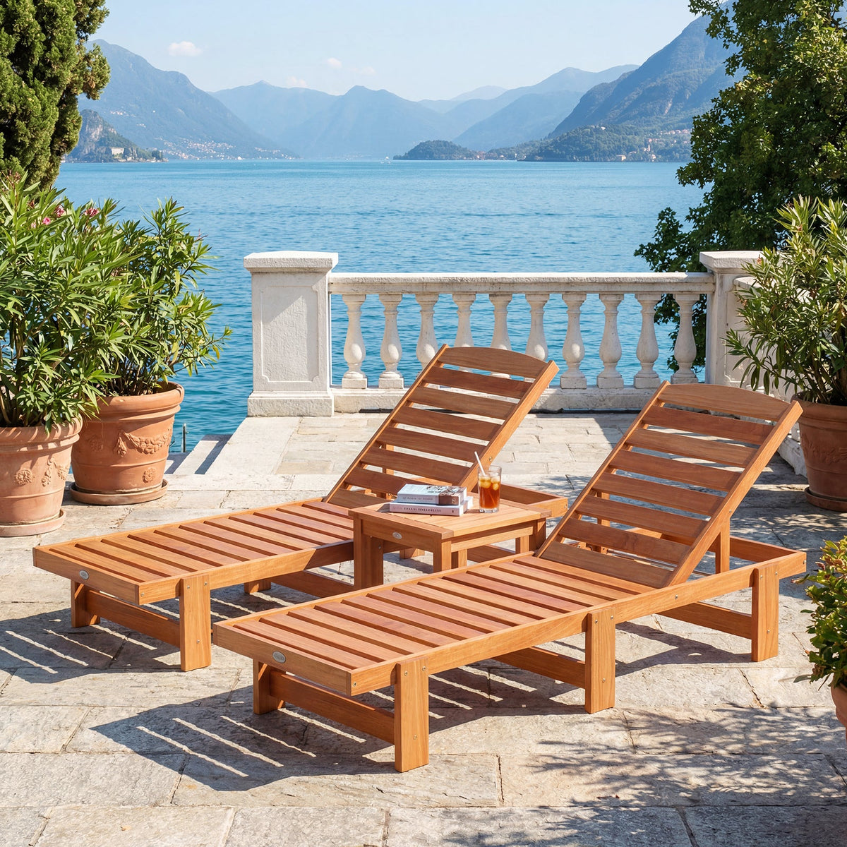 Set of 2 Solid Wood Slatted Chaise Lounges with Adjustable Backrests