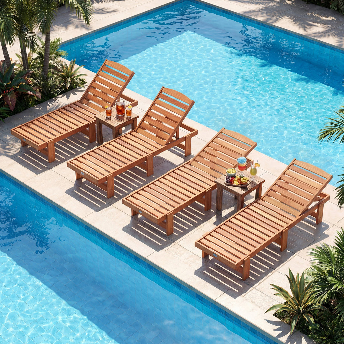 Set of 2 Solid Wood Slatted Chaise Lounges with Adjustable Backrests