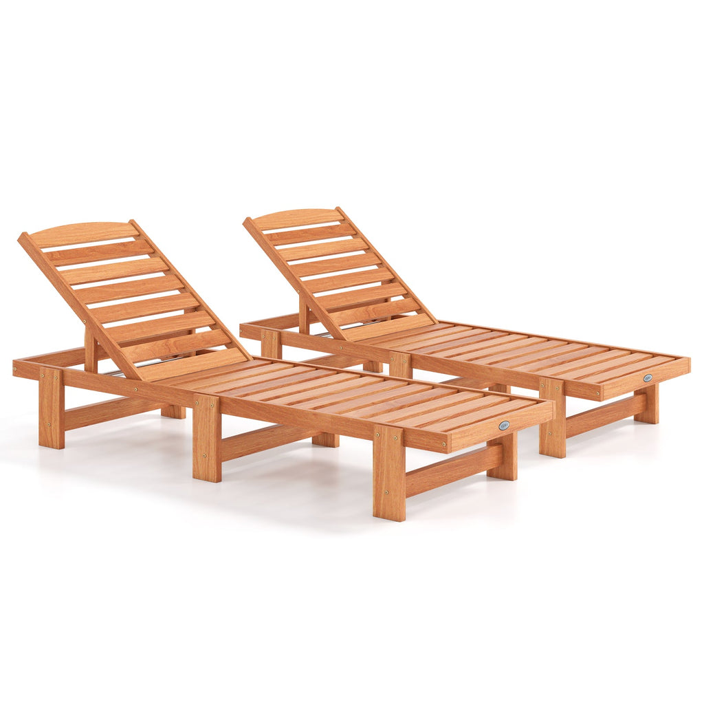 Set of 2 Solid Wood Slatted Chaise Lounges with Adjustable Backrests