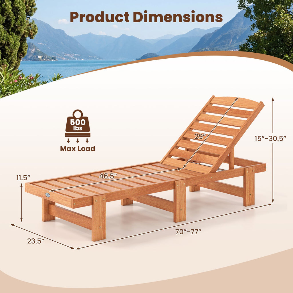 Set of 2 Solid Wood Slatted Chaise Lounges with Adjustable Backrests