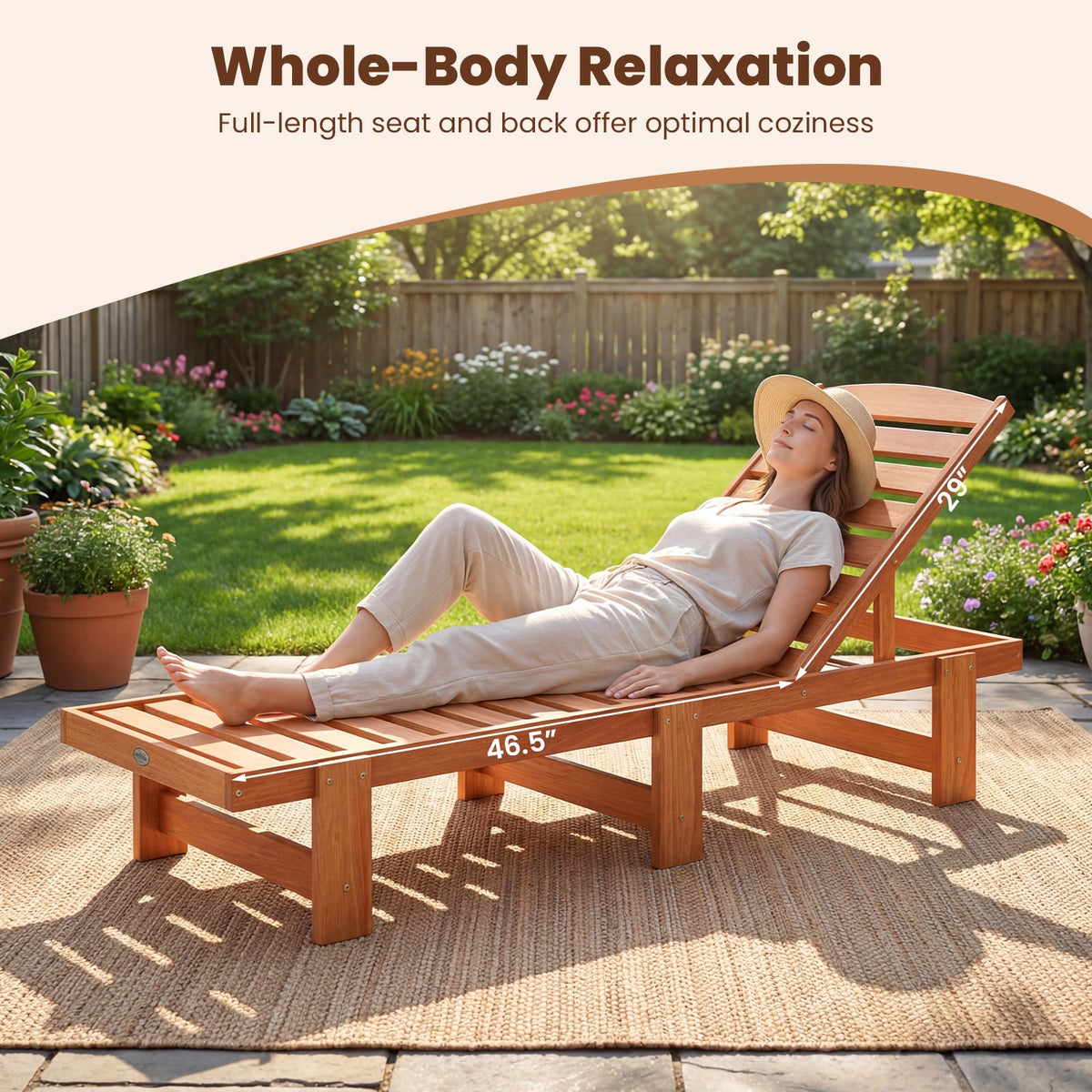 Set of 2 Solid Wood Slatted Chaise Lounges with Adjustable Backrests
