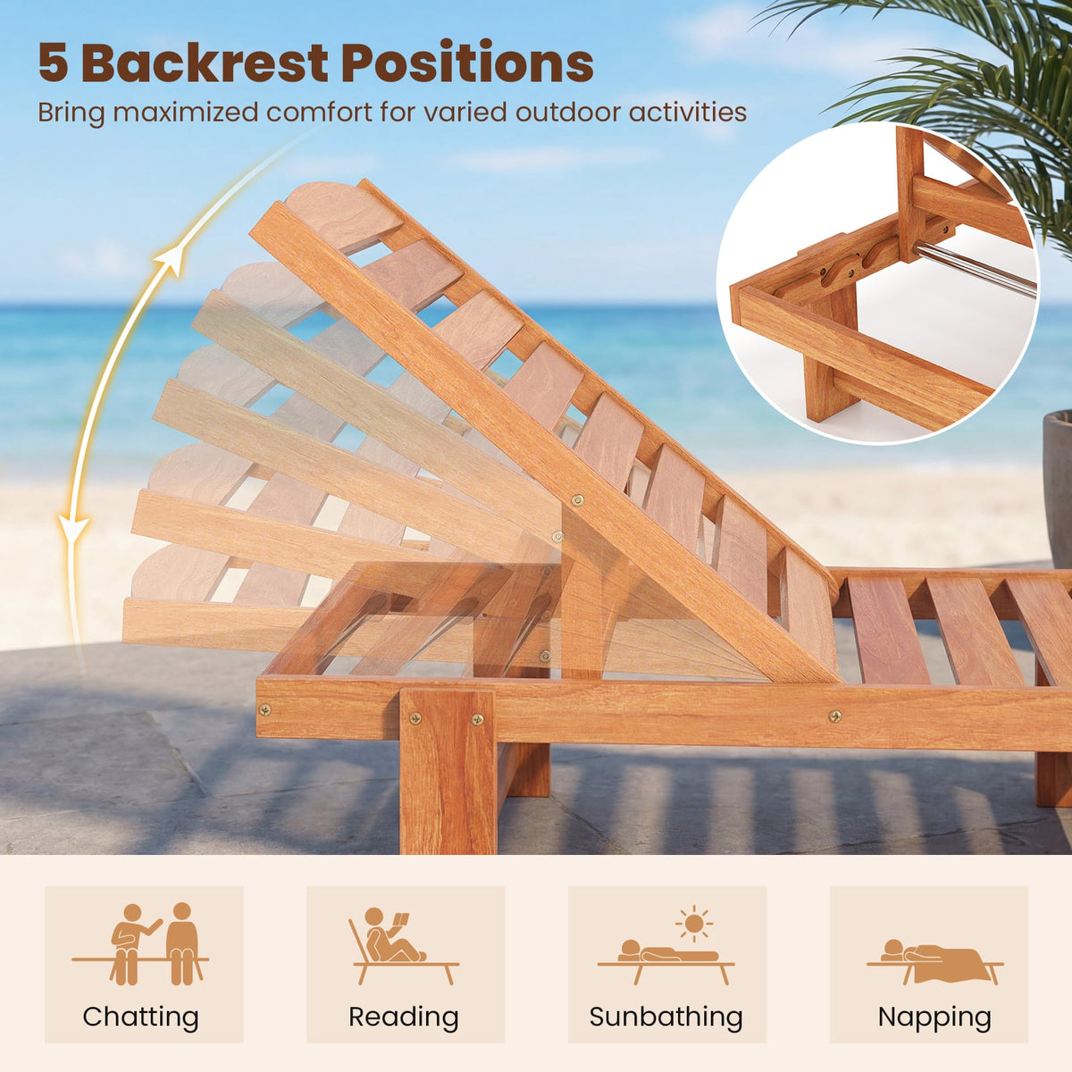 Set of 2 Solid Wood Slatted Chaise Lounges with Adjustable Backrests
