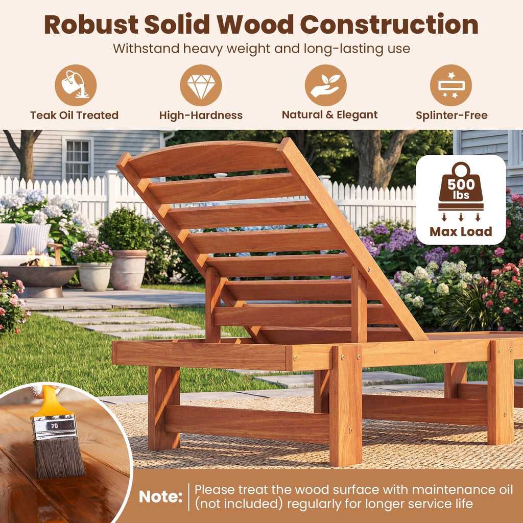 Set of 2 Solid Wood Slatted Chaise Lounges with Adjustable Backrests