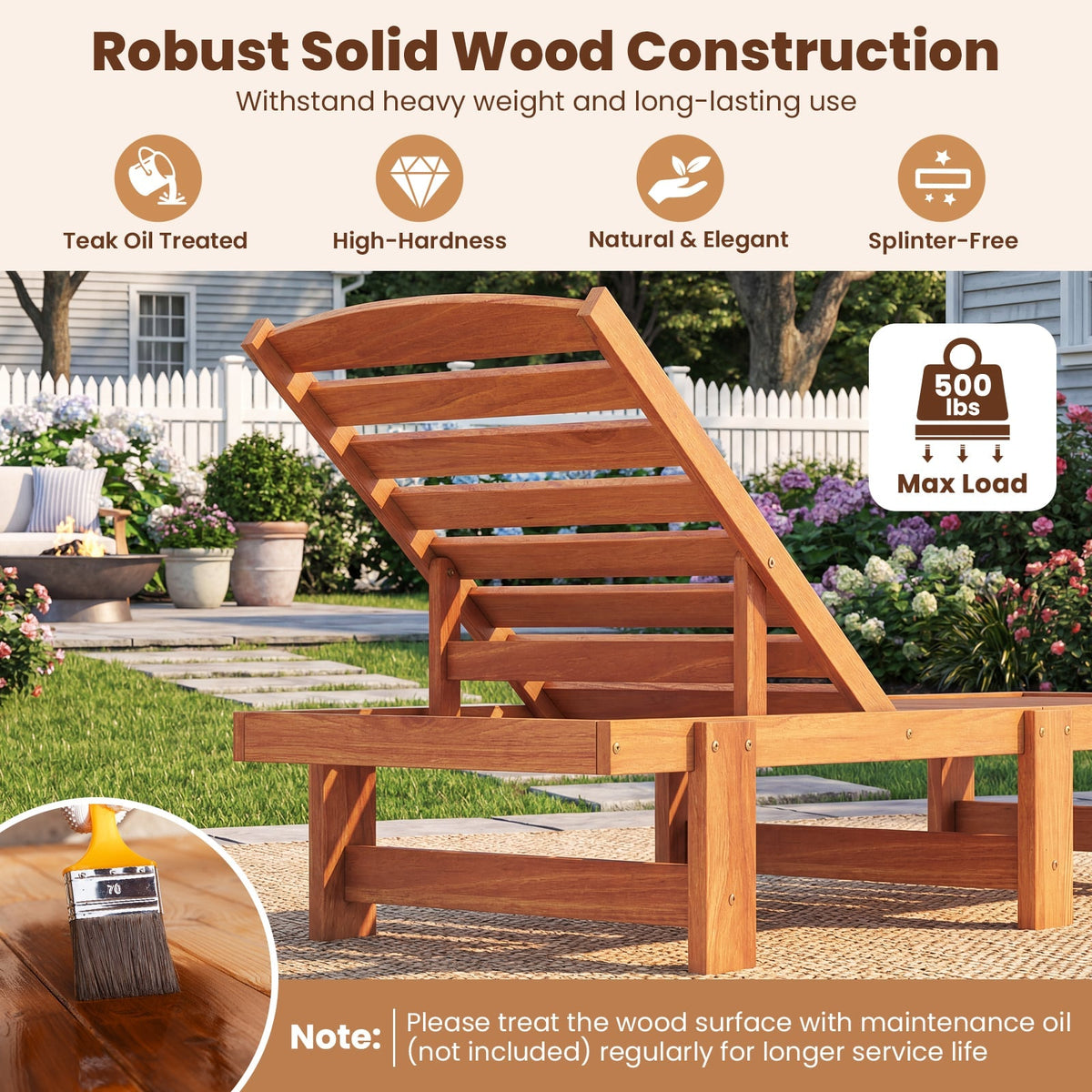 Set of 2 Solid Wood Slatted Chaise Lounges with Adjustable Backrests