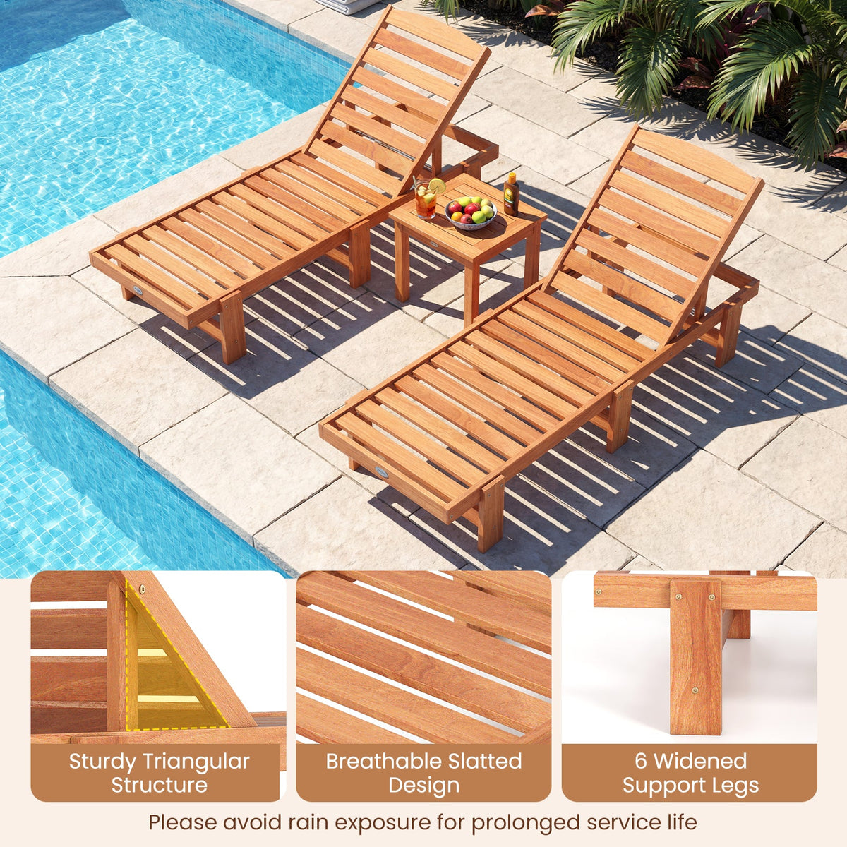 Set of 2 Solid Wood Slatted Chaise Lounges with Adjustable Backrests