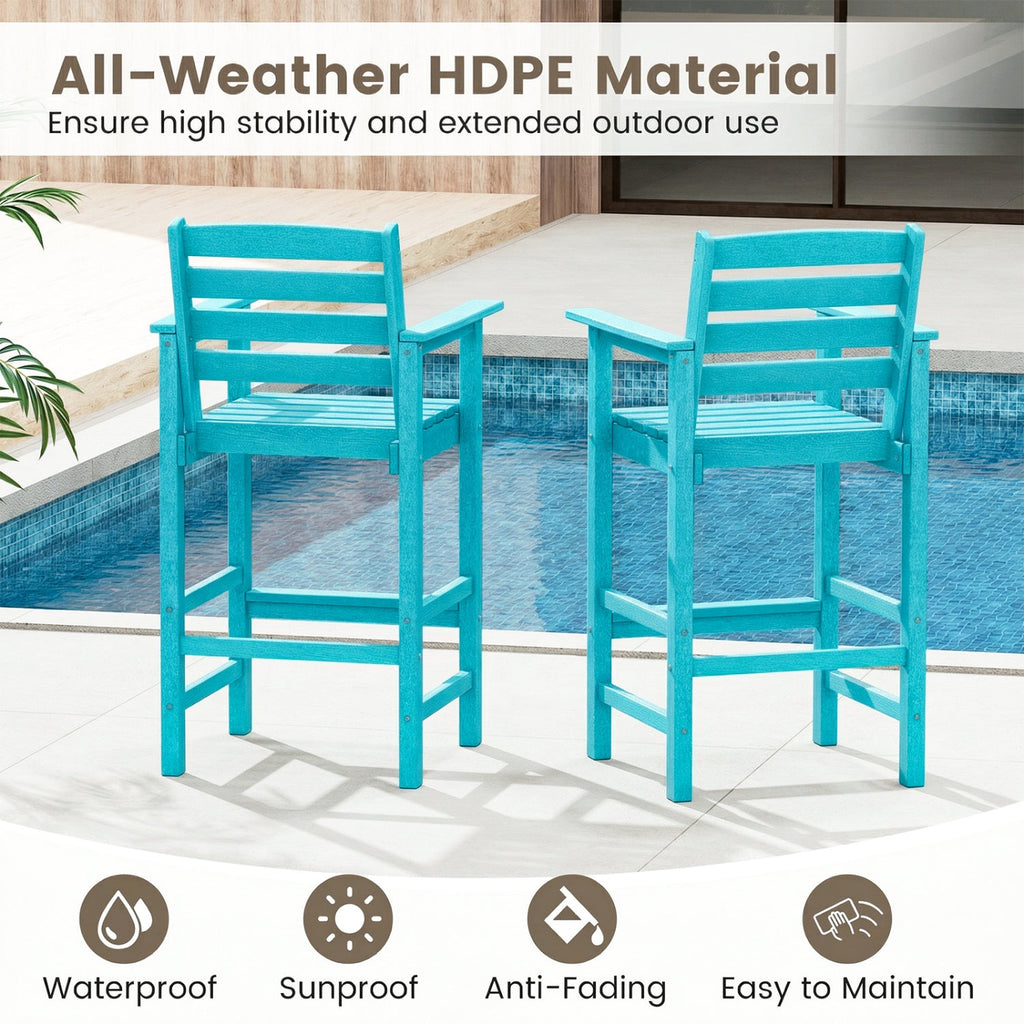 Patio HDPE Adirondack Bar Chairs Set of 2 with Wide Armrests-Turquoise