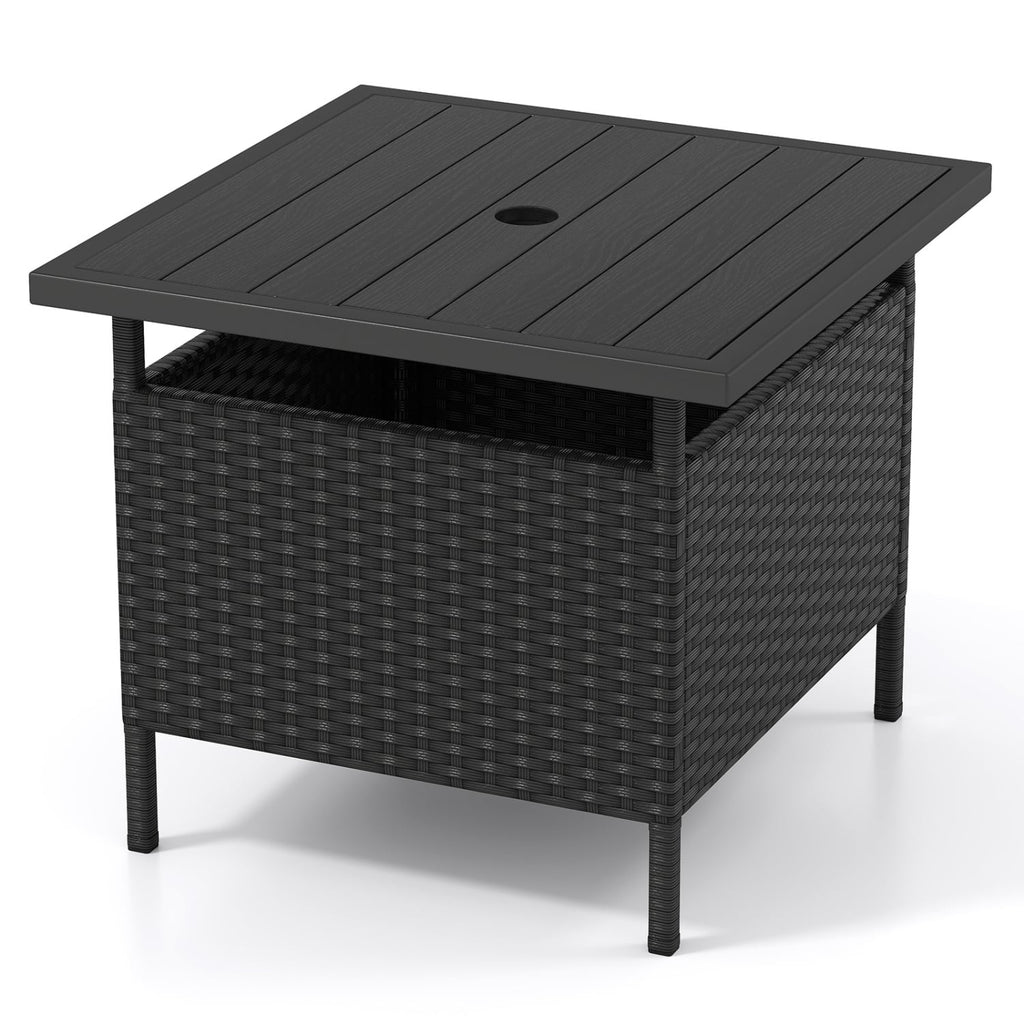 Patio Square Wicker Side Table with Umbrella Hole for Yard-Black