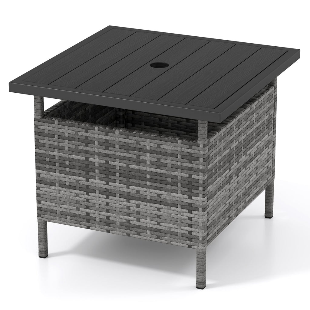 Patio Square Wicker Side Table with Umbrella Hole for Yard-Gray