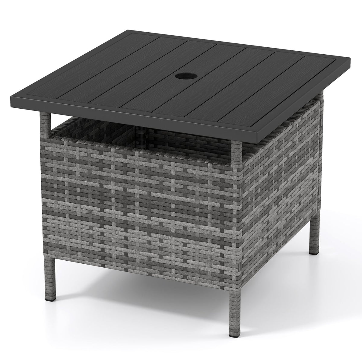 Patio Square Wicker Side Table with Umbrella Hole for Yard-Gray