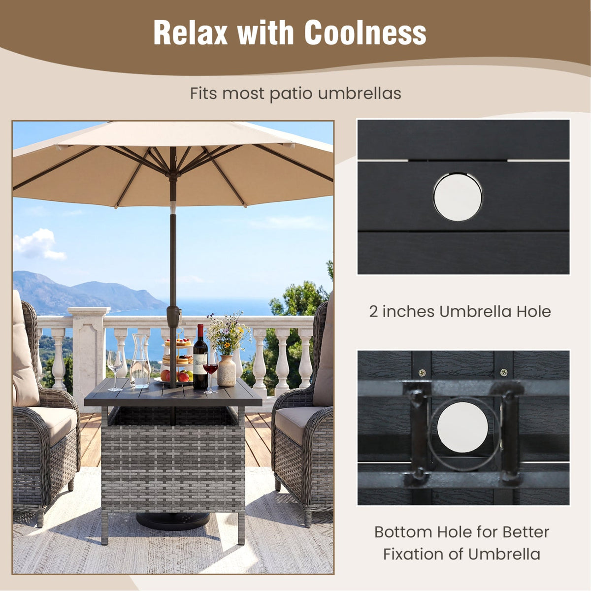 Patio Square Wicker Side Table with Umbrella Hole for Yard-Gray