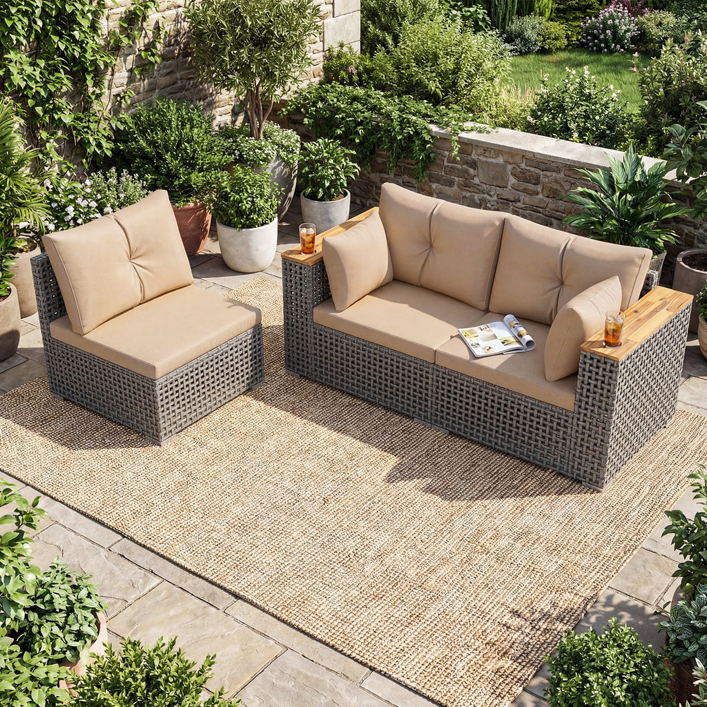 Wicker Sectional Set with Wooden Arm Tops, 1 Armless and 2 Corner Sofas, Beige