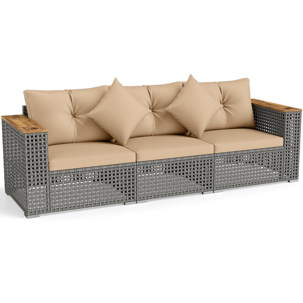 Wicker Sectional Set with Wooden Arm Tops, 1 Armless and 2 Corner Sofas, Beige