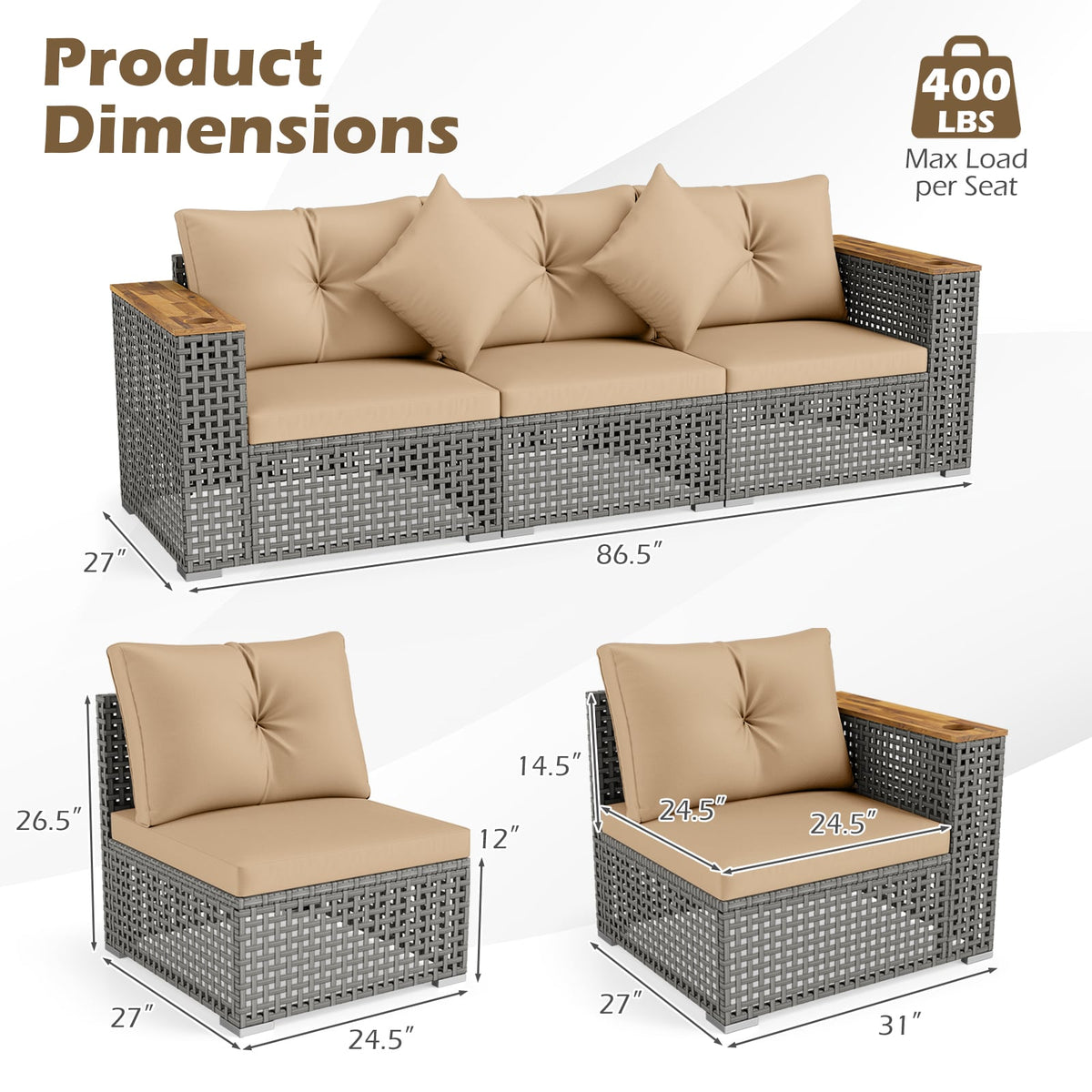 Wicker Sectional Set with Wooden Arm Tops, 1 Armless and 2 Corner Sofas, Beige