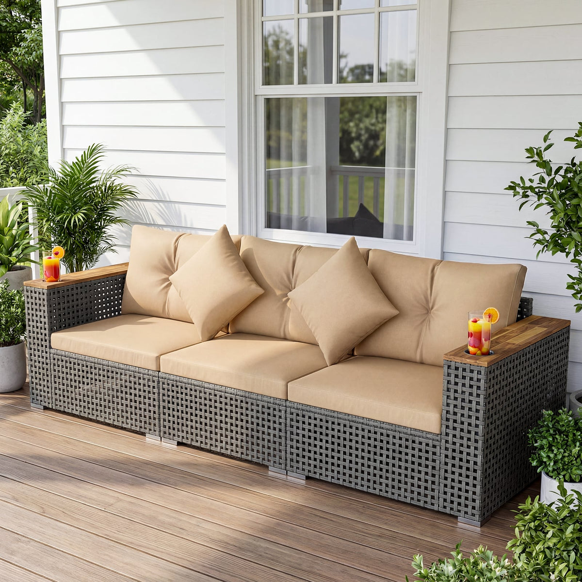 Wicker Sectional Set with Wooden Arm Tops, 1 Armless and 2 Corner Sofas, Beige