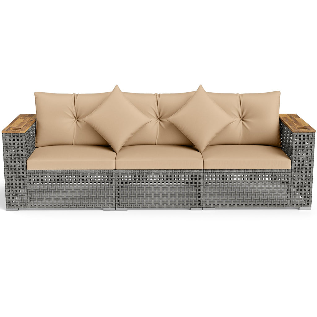 Wicker Sectional Set with Wooden Arm Tops, 1 Armless and 2 Corner Sofas, Beige