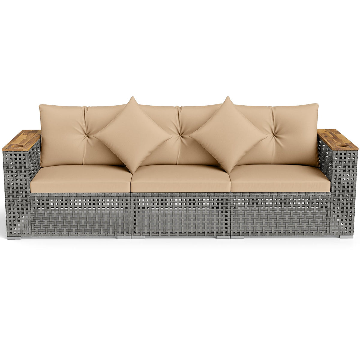 Wicker Sectional Set with Wooden Arm Tops, 1 Armless and 2 Corner Sofas, Beige