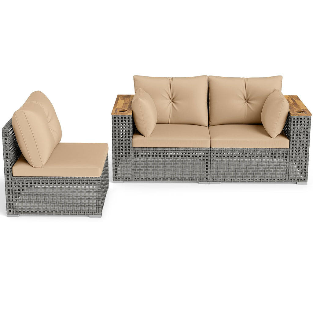 Wicker Sectional Set with Wooden Arm Tops, 1 Armless and 2 Corner Sofas, Beige