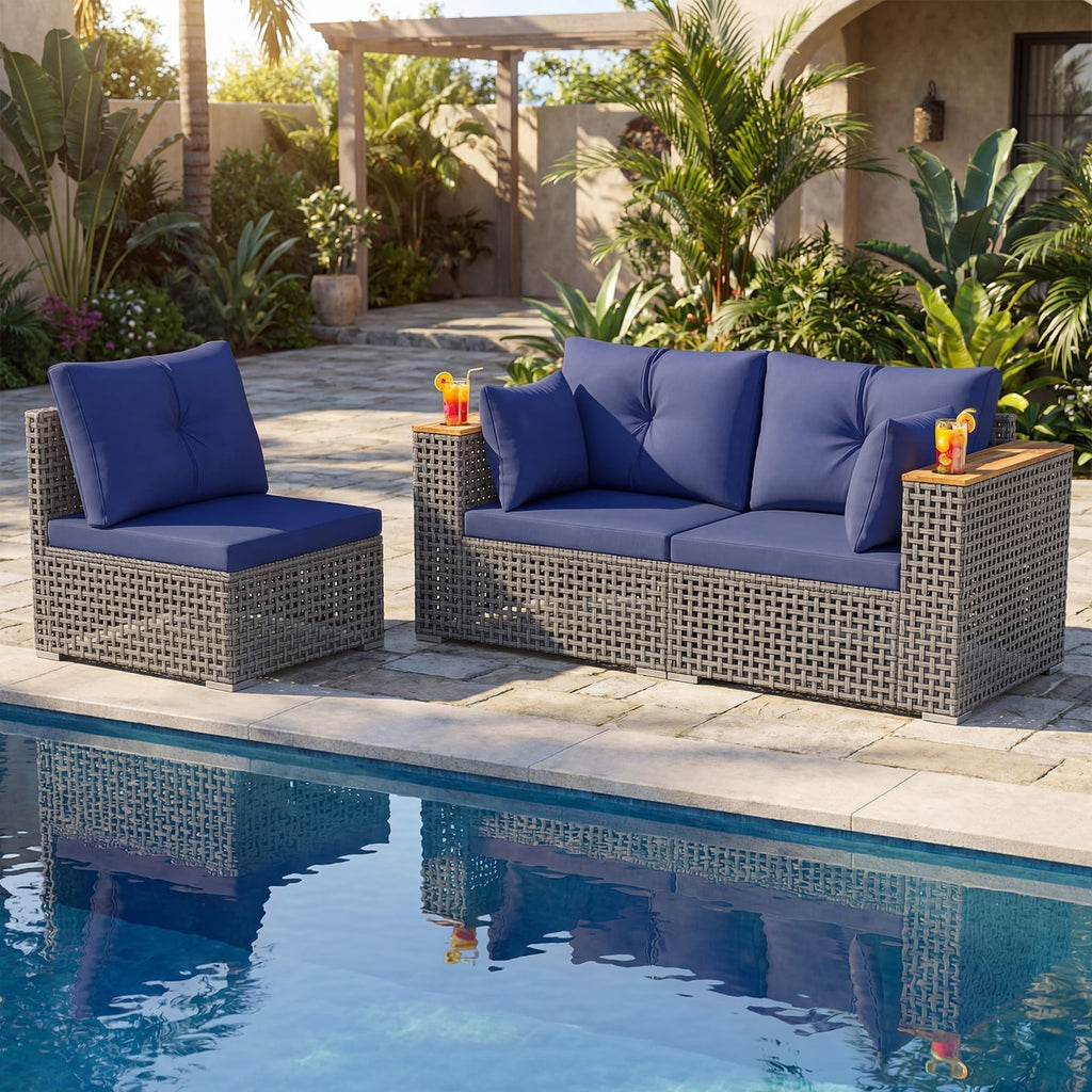 Wicker Sectional Set with Wooden Arm Tops, 1 Armless and 2 Corner Sofas, Navy