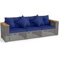 Wicker Sectional Set with Wooden Arm Tops, 1 Armless and 2 Corner Sofas, Navy