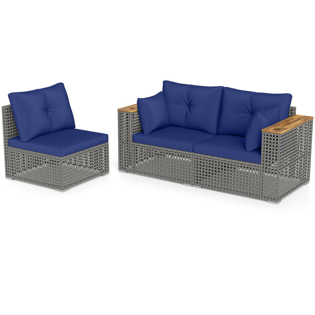 Wicker Sectional Set with Wooden Arm Tops, 1 Armless and 2 Corner Sofas, Navy