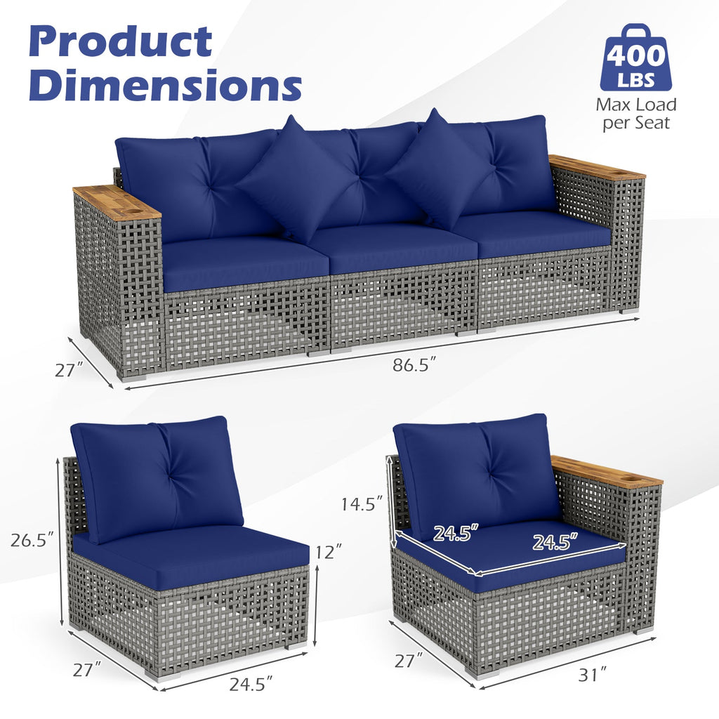 Wicker Sectional Set with Wooden Arm Tops, 1 Armless and 2 Corner Sofas, Navy