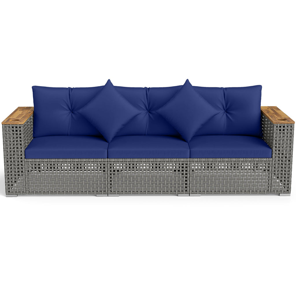 Wicker Sectional Set with Wooden Arm Tops, 1 Armless and 2 Corner Sofas, Navy