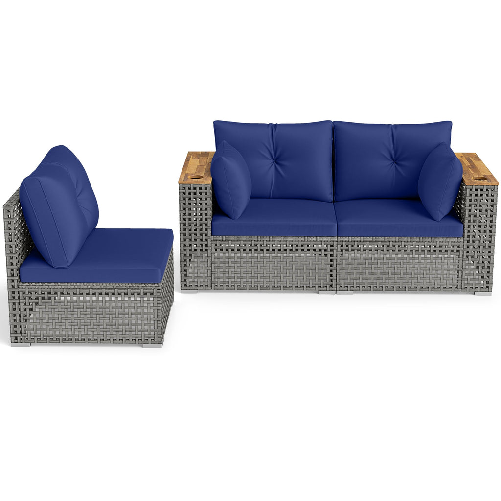 Wicker Sectional Set with Wooden Arm Tops, 1 Armless and 2 Corner Sofas, Navy
