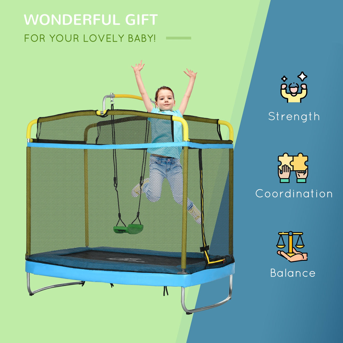 6.9FT Kids Trampoline with Safety Net, Gymnastics Bar, Swing, Toddler Trampoline for 3-6 Years Old Outdoor