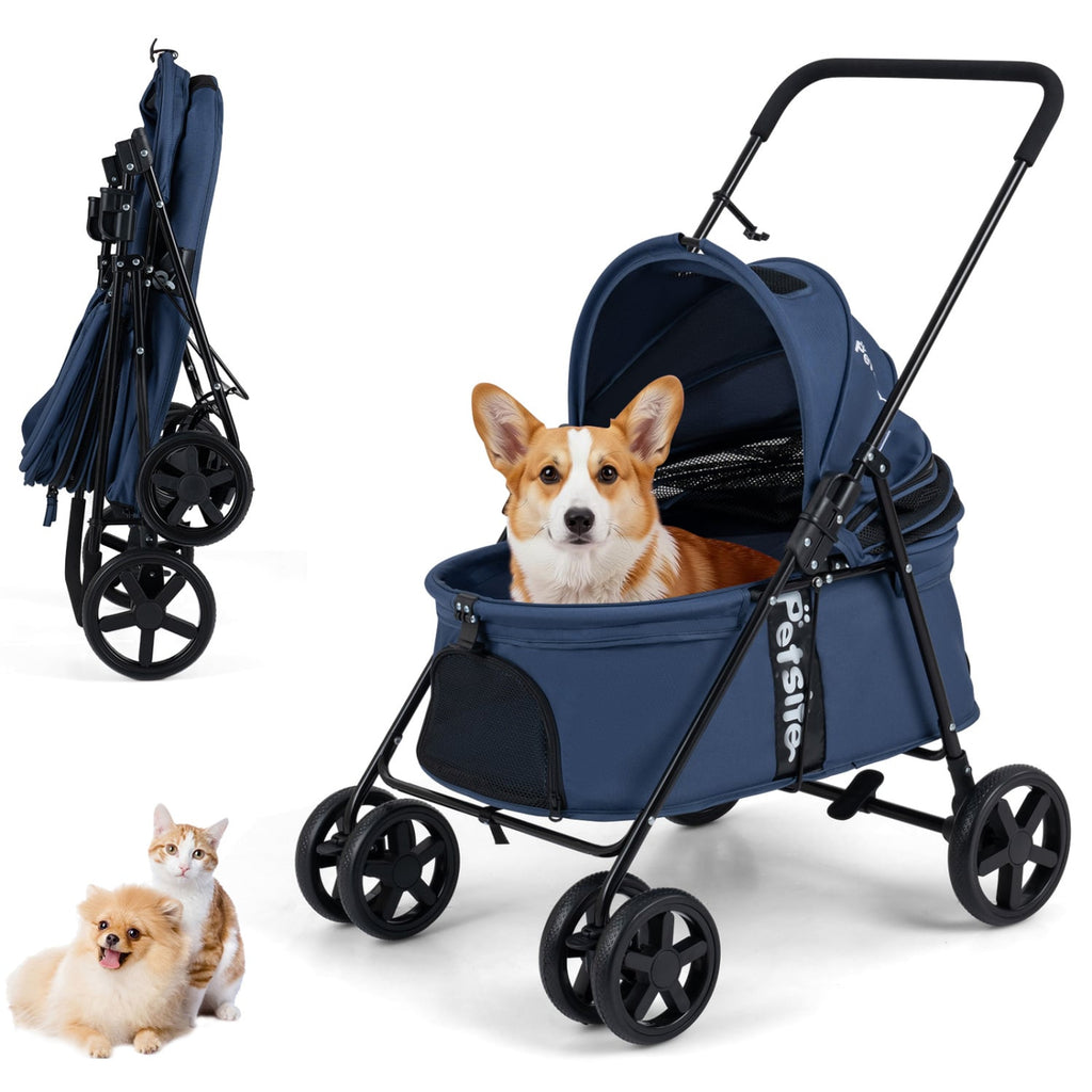 Pet Stroller for Small Medium Dogs Foldable with One-Step Rear Brake and Canopy-Navy