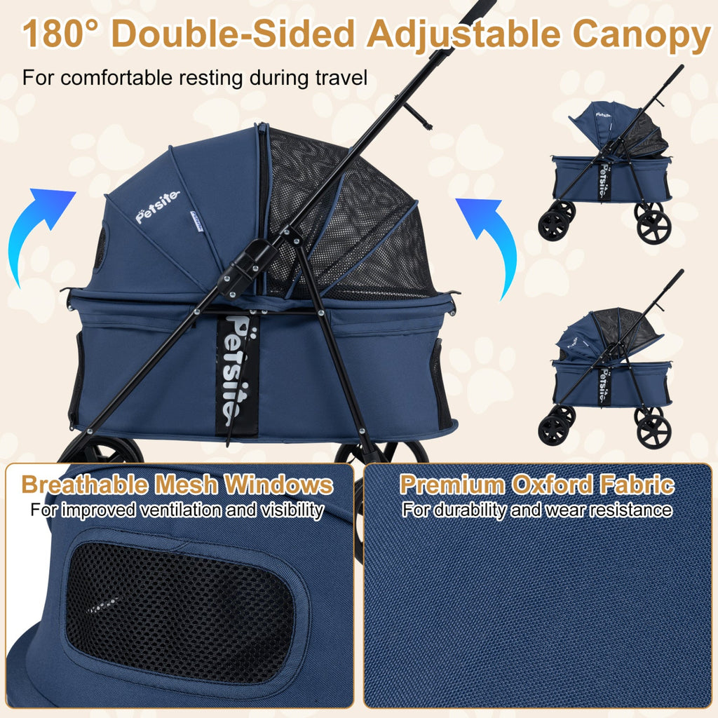 Pet Stroller for Small Medium Dogs Foldable with One-Step Rear Brake and Canopy-Navy