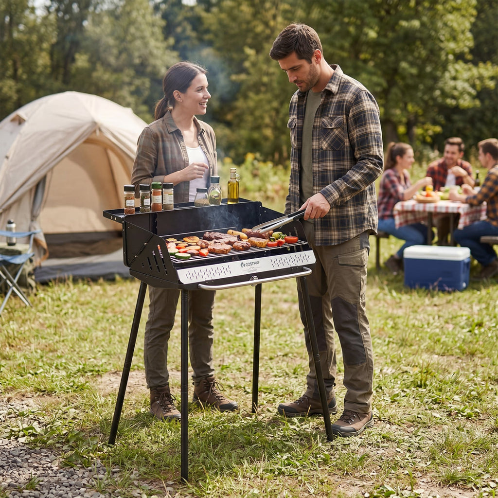 Portable Charcoal Grill with Detachable Legs, Adjustable Grate and Carrying Bag