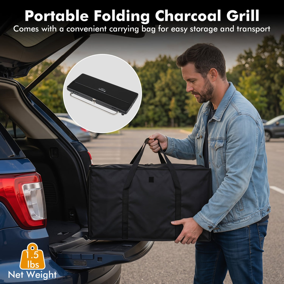 Portable Charcoal Grill with Detachable Legs, Adjustable Grate and Carrying Bag