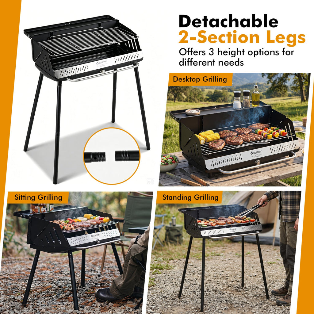 Portable Charcoal Grill with Detachable Legs, Adjustable Grate and Carrying Bag
