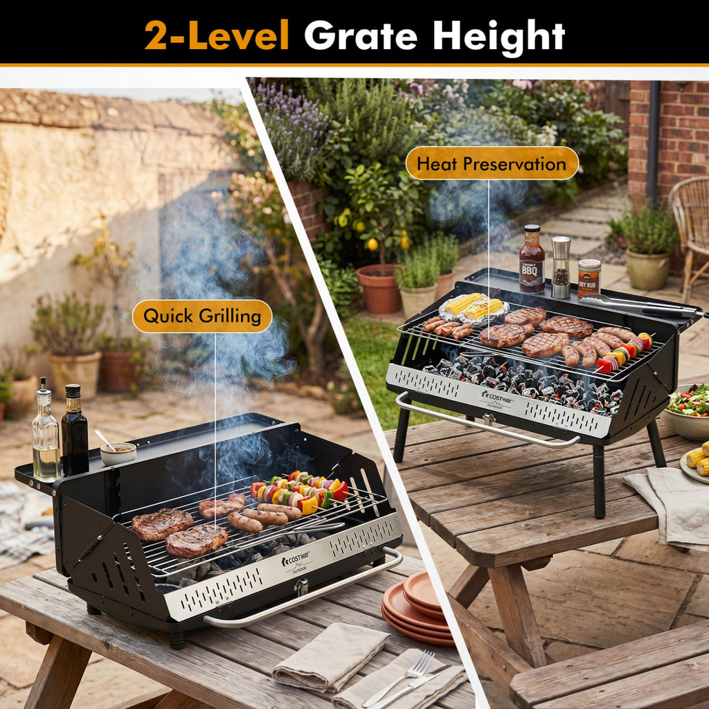 Portable Charcoal Grill with Detachable Legs, Adjustable Grate and Carrying Bag