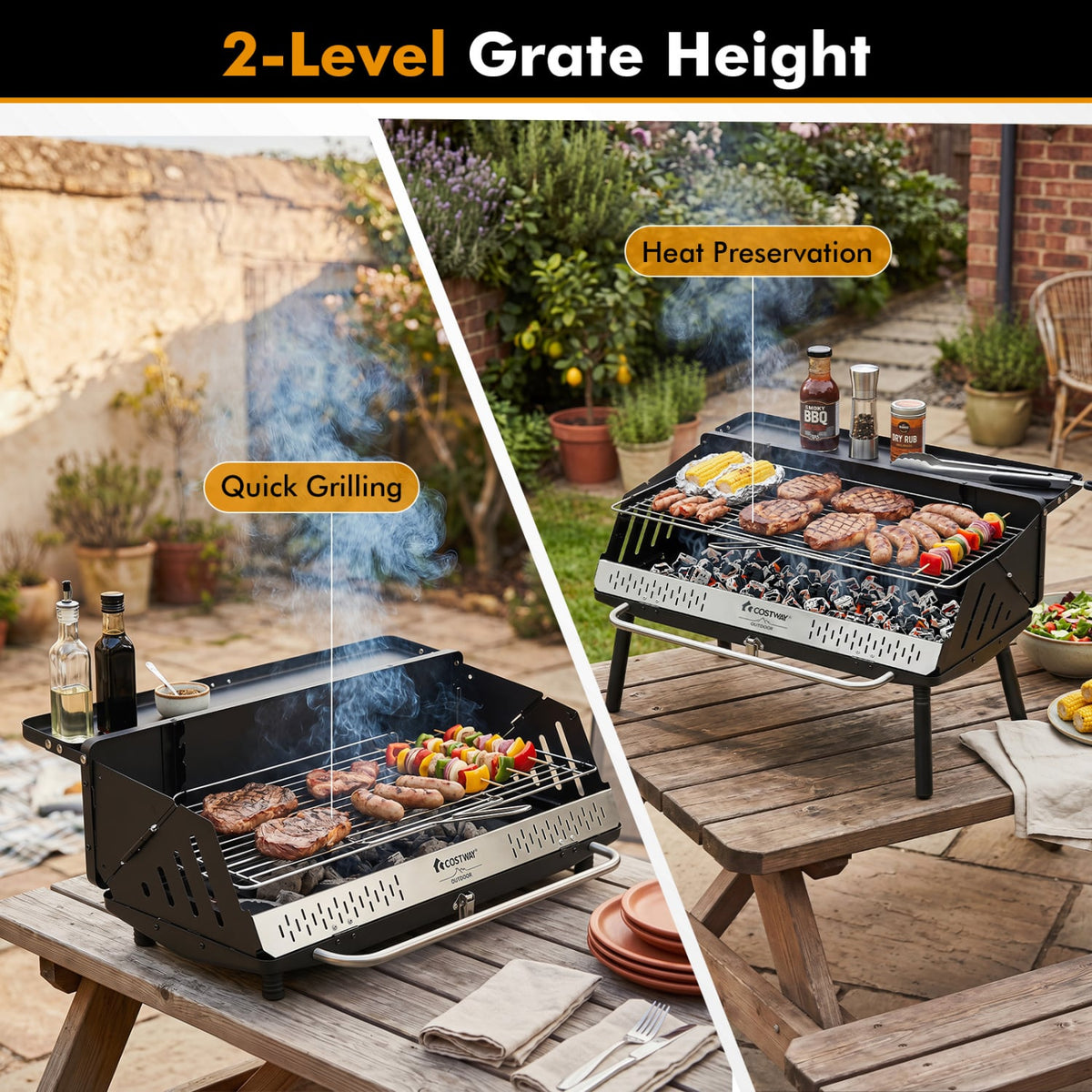 Portable Charcoal Grill with Detachable Legs, Adjustable Grate and Carrying Bag