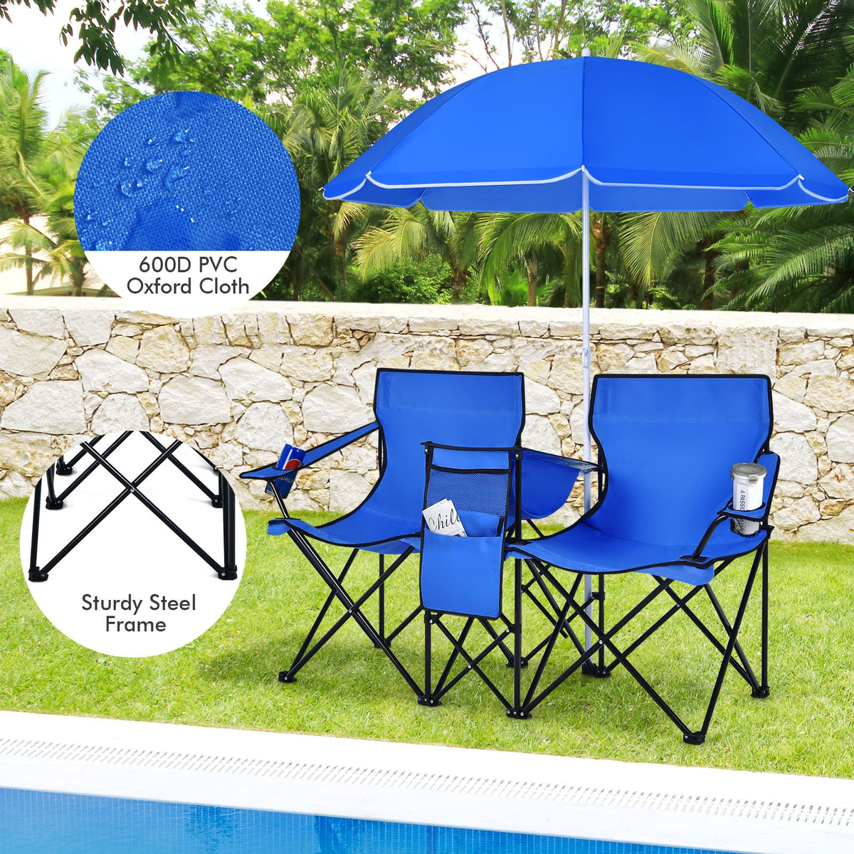 Portable Folding Picnic Double Chair with Umbrella-Blue