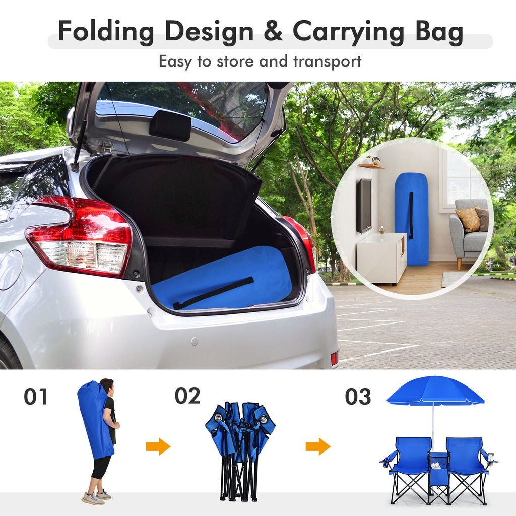 Portable Folding Picnic Double Chair with Umbrella-Blue