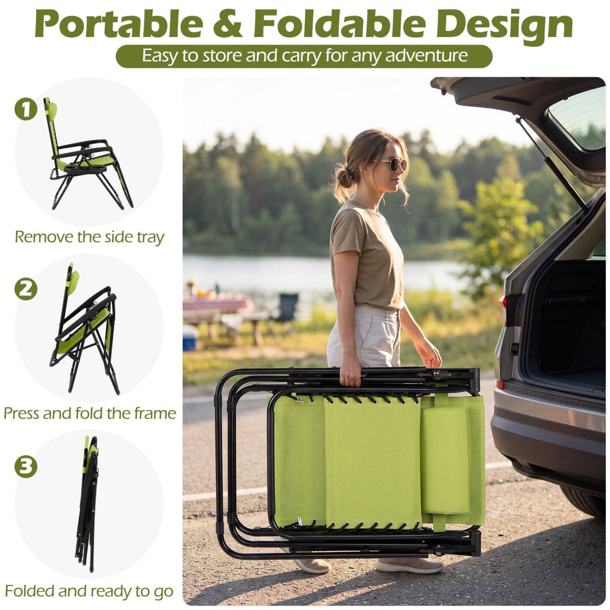 Portable Zero Gravity Chairs with Cup Holder Trays and Backrest-Green