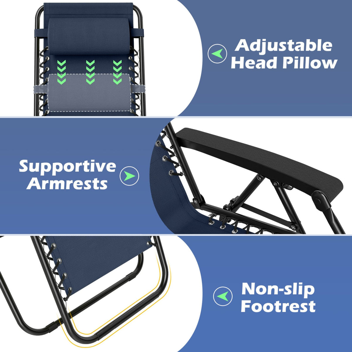 Portable Zero Gravity Chairs with Cup Holder Trays and Backrest-Navy