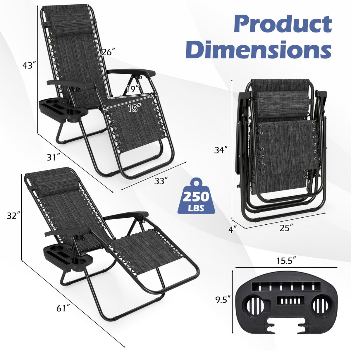 Portable Zero Gravity Chairs with Cup Holder Trays and Backrest Set of 2-Gray