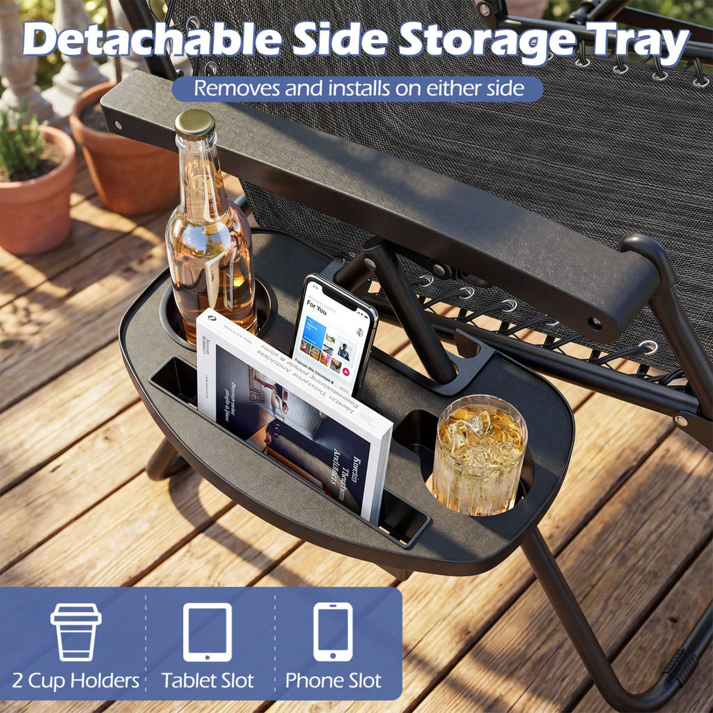 Portable Zero Gravity Chairs with Cup Holder Trays and Backrest Set of 2-Gray