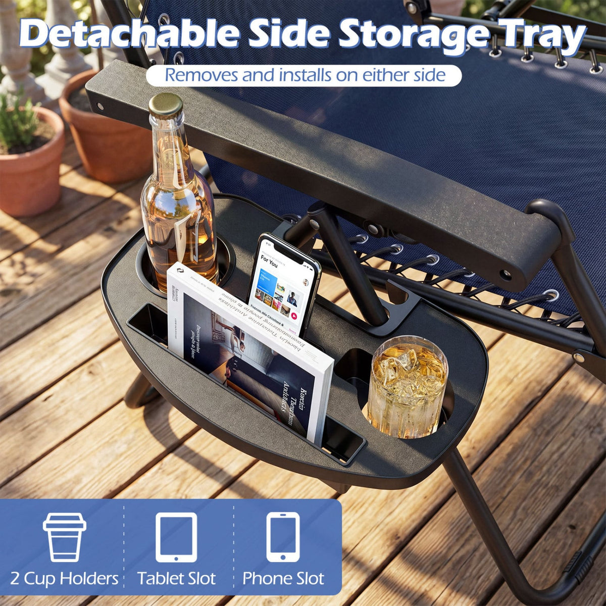 Portable Zero Gravity Chairs with Cup Holder Trays and Backrest Set of 2-Navy