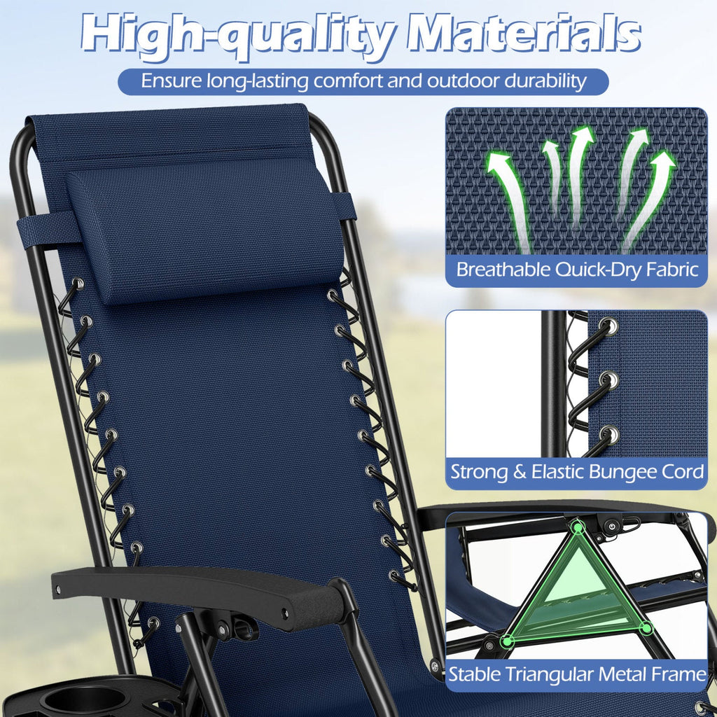 Portable Zero Gravity Chairs with Cup Holder Trays and Backrest Set of 2-Navy