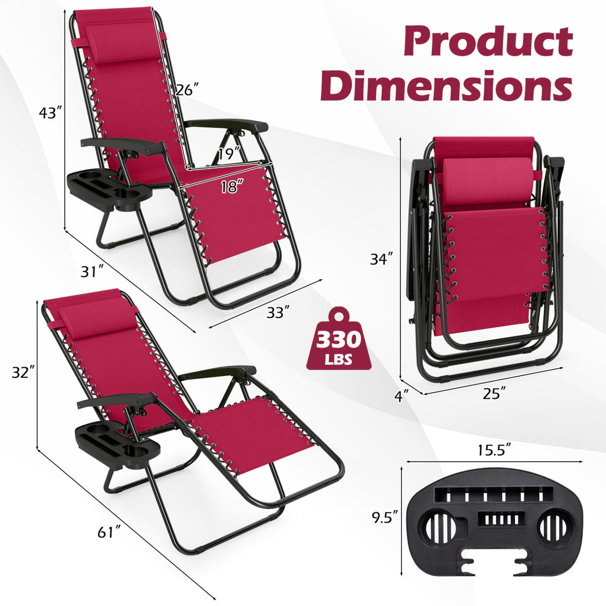 Portable Zero Gravity Chairs with Cup Holder Trays and Backrest-Red