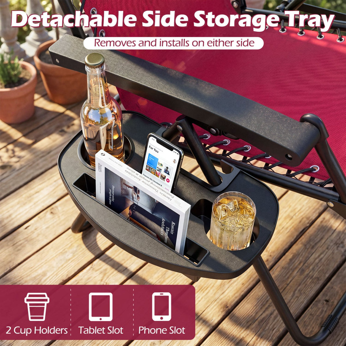 Portable Zero Gravity Chairs with Cup Holder Trays and Backrest-Red